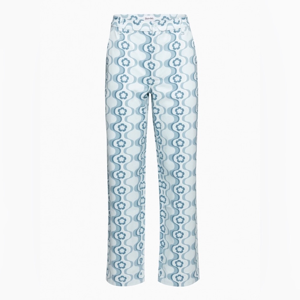 Aritzia Sun-Deh Jaden 70’s Vector Blue Size 4 Geo Floral Twill Pants EUC